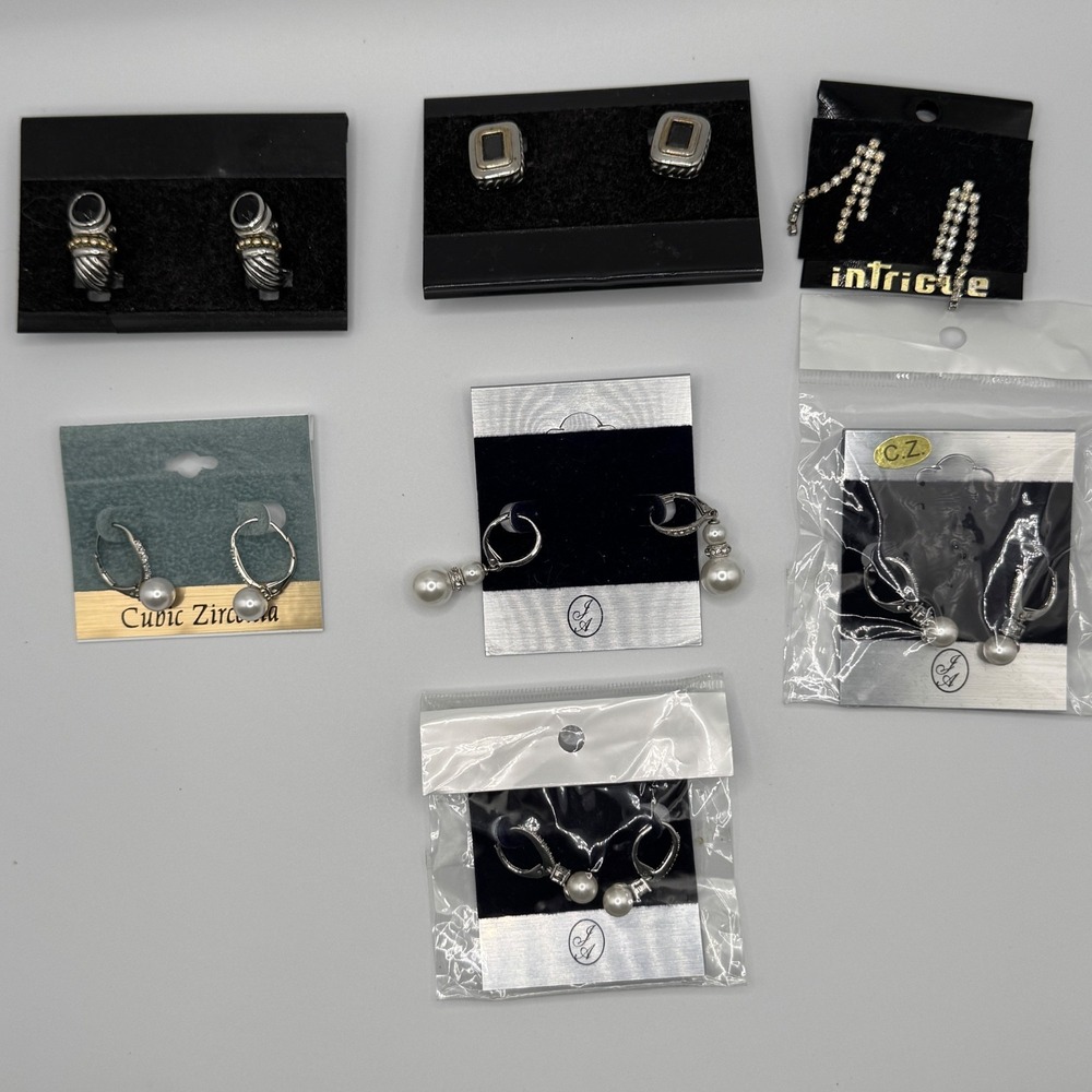 Earring Lot 7 Pairs Silver Tone Pearl CZ Rhinestone Dangle Hoop Stud NOS